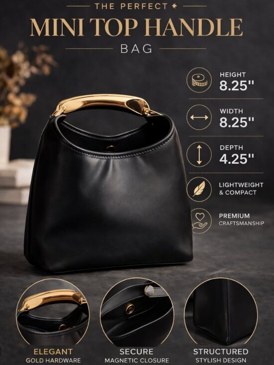 a new day Handbags - Black Mini Top Handle Bag Gold‎ Hardware Structured Chic Purse Luxury Style